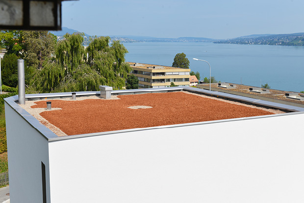 Das Dach ist fertig. Das Pflanzensubstrat aus recyclierten Materialien, angereichert mit Kräutersamen und Hauswurzsporen.  